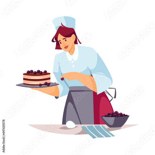 Vector clipart of chef making cake. Cook making sweet bakery. Sign with woman baker in apron making homemade dessert. Cartoon character at baking work. Eat and food, kitchen and confectionery theme