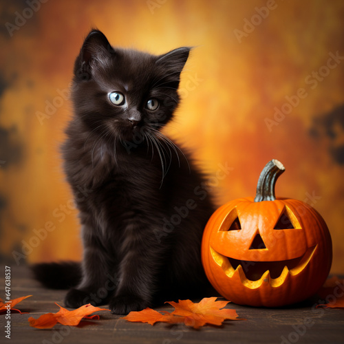 Fotografia de adorable gatito de color negro sentado al lado de una pequeña calabaza de Halloween © Iridium Creatives