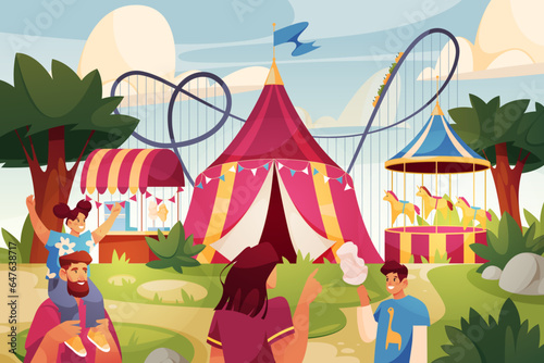 Cartoon vector amusement park with circus tent, horse carousel and rollercoaster. Outdoor view on attraction and marquee entrance, entertainment tent. Family holiday and leisure at carnival.Playground