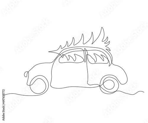 abstract car carries a Christmas tree, Christmas preparations. Continuous one line art