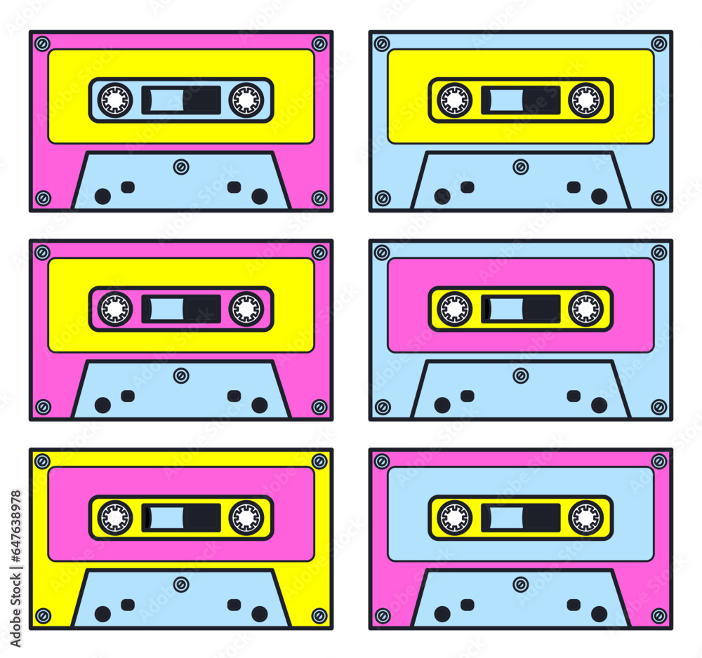 Naklejka premium A set of old color audio cassettes. Flat vector illustration in 90s style.