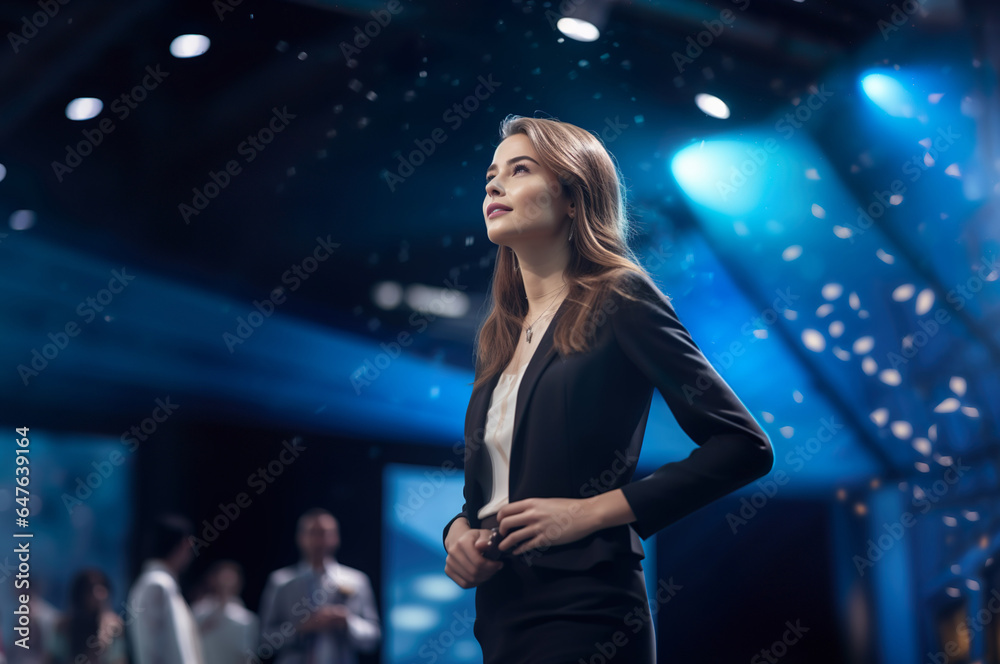 Photo of young woman on stage with speech