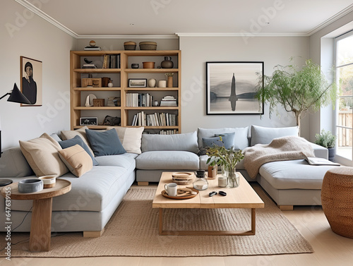 Wooden Bookshelf and Corner Sofa in Minimalist Living Room