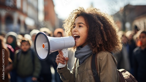 young, determined activist holding a megaphone and inspiring others to join the movement for social justice and equality.
