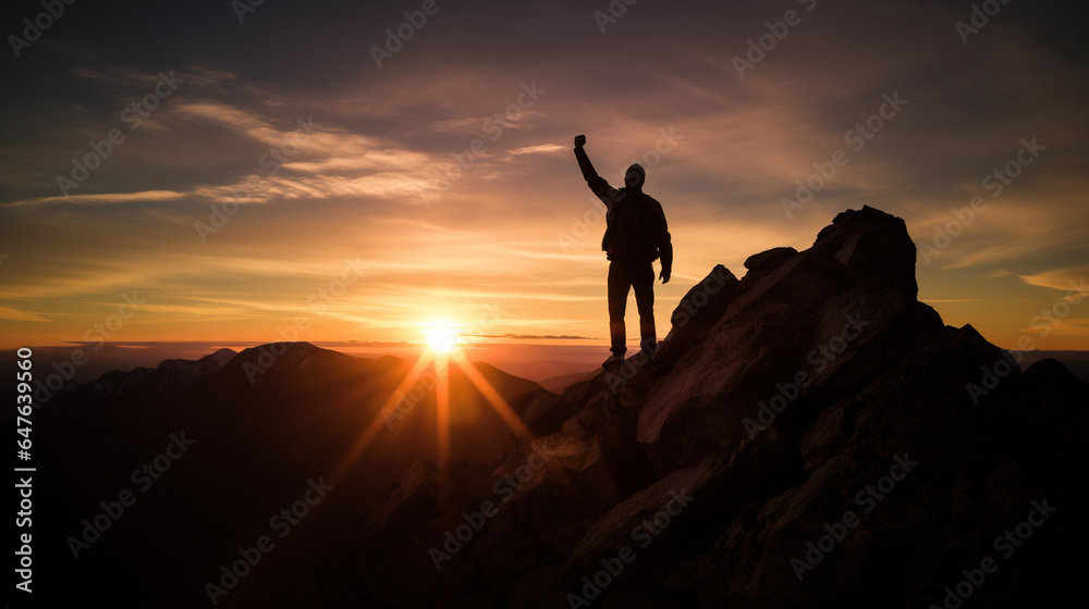 Hiker celebrating success on mountain top in front of bright sunset