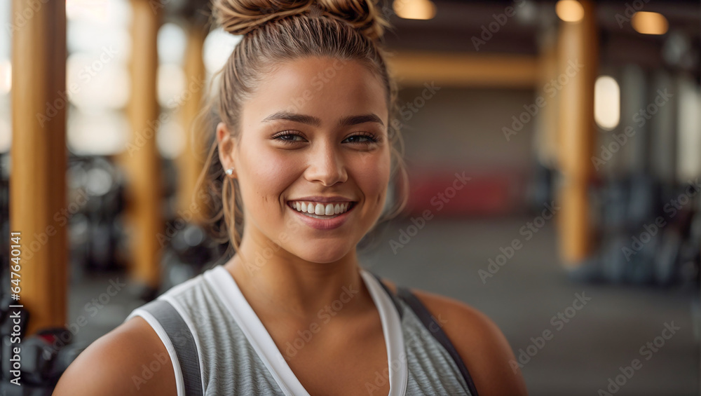 Beautiful overweight girl happy in the gym
