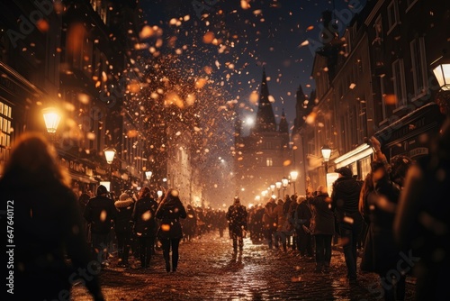 In a festive background image, a joyful crowd gathered under a winter night sky, where both snowflakes and confetti fall around them. Photorealistic illustration © DIMENSIONS