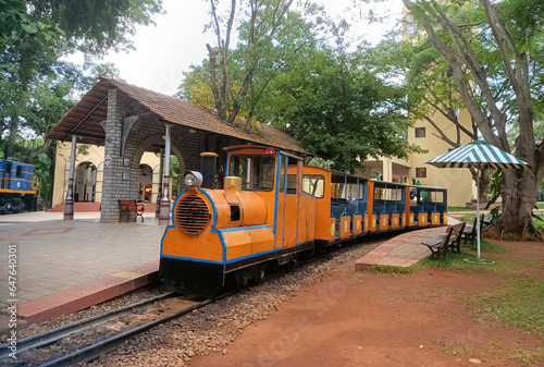 A Toy Train journey is an added attraction for the Tourists visiting the Mysure Rail Museum is seen parked at the Model Railway Station in Karnataka, India.