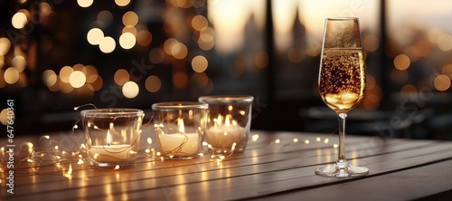 A wide-format festive background image highlighting the elegance of a glass of champagne surrounded by the glow of candlelights, creating a celebratory ambiance. Photorealistic illustration