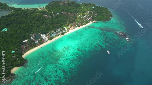 Koh Phi Phi Thailand famous travel holiday destination in south east Asia aerial footage of tropical sand beach coastline photo