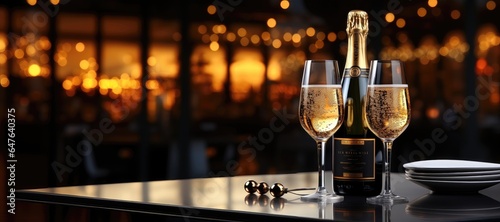 A wide-format festive banner showcasing a champagne bottle and glasses set against blurred holiday lights, creating a celebratory visual theme for various occasions. Photorealistic illustration
