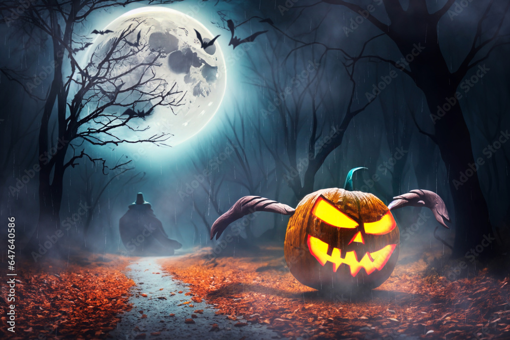 Pumpkin on the Run, a Spooky Halloween Night Under the Mysterious Moon. Generative AI - obrazy, fototapety, plakaty 