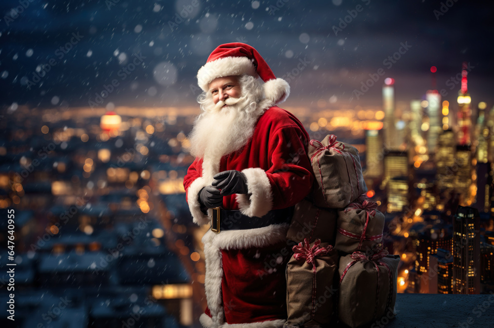 Photo of Santa Clause on top of the roof - obrazy, fototapety, plakaty 
