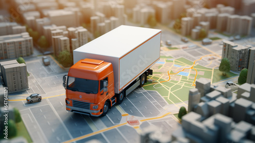 Truck model on city map. - Transportation and business concepts
