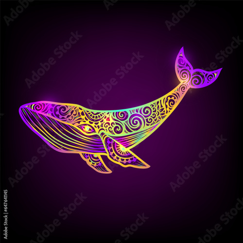 Whale mandala. Vector illustration. Whale sea animal in Zen boho style. Sacred geometry, Peaceful. Tattoo print. Hippie, hallucination. Psychedelic mystical print