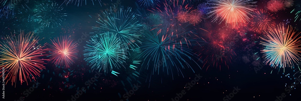 New Years banner with fireworks on a dark background with room for copy text. - obrazy, fototapety, plakaty 