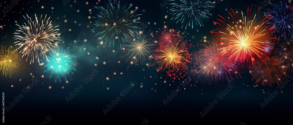 Naklejka premium New Years banner with fireworks on a dark background with room for copy text.