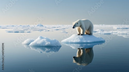 melting polar ice caps, with a polar bear standing on a shrinking ice floe, drawing attention to the plight of wildlife affected by climate change. photo