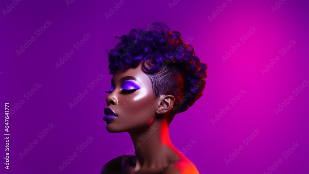 African woman with purple lipstick and eyeshadow isolated on purple background - obrazy, fototapety, plakaty 