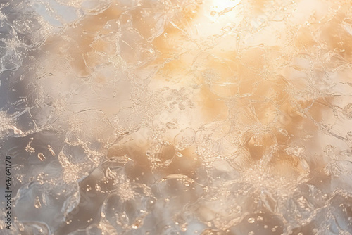 Frozen water. Frost flowers. Icy ornaments in frozen water. Warm backlight. Natural beauty. Winter mood