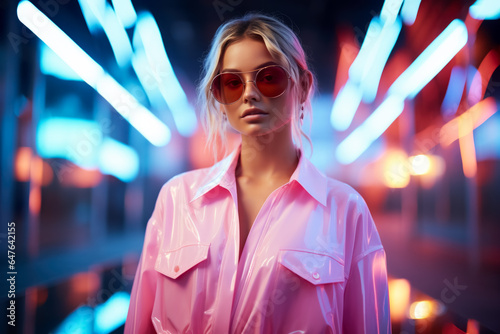 Fashion model in mirror-like ensemble against neon cityscape isolated on a gradient background 