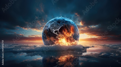 Ecological catastrophy. planet Earth wrapped in a delicate balance of ice and fire, symbolizing the urgency of addressing climate change.