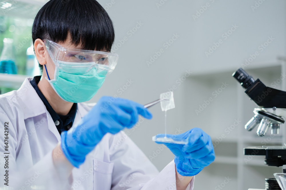 Scientist is doing experiment or study with aloe vera sample in plant laboratory. Concept of medical, herbal skin care, cosmetic, biology, pharmaceutical and biochemistry research. Genetic discovery.