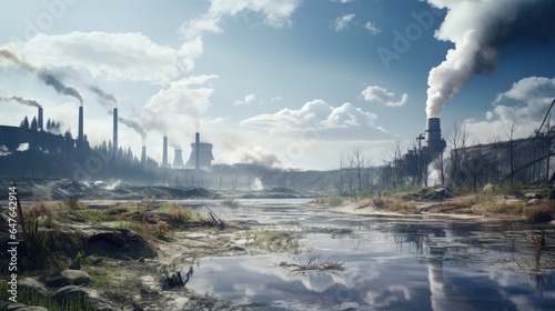Environmental pollution. industrial pollution with pristine natural landscapes, emphasizing the need for reduced carbon emissions.