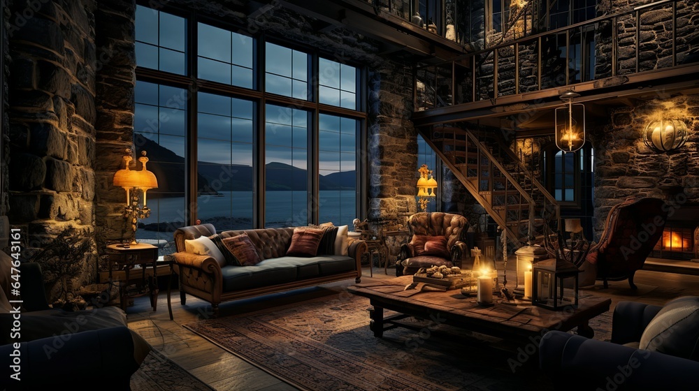 Modern style victorian industrial living room with curtain and cozy fireplace with huge windows