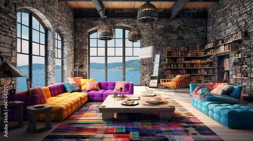 Seaside beach loft interior living room with huge windows to the sea and colofrul furnishing photo