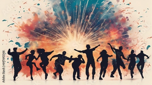 Silhouette of group of people dancing with firecrackers bursting behind them