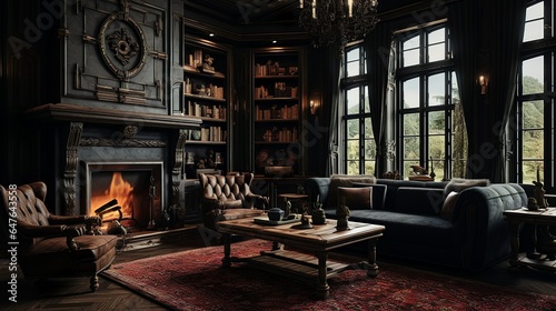 Dark gothic living room interior with huge fireplace cozy living space with rich furnishing