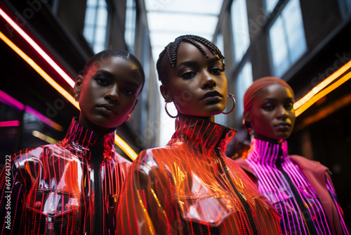 Models in reflective garments futuristic fashion meets cityscape enhanced by vibrant neon lights 