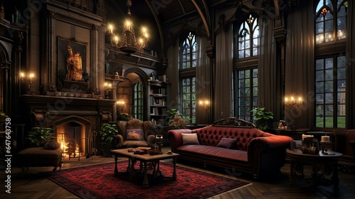 Dark victorian mansion living room with curtain and cozy fireplace with huge windows