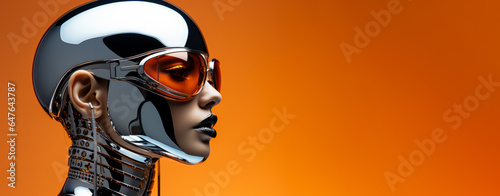 Piercing gaze of a futuristic model in metallic wear isolated on a gradient background 