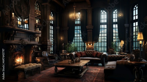 Dark victorian mansion living room with curtain and cozy fireplace with huge windows © Nordiah