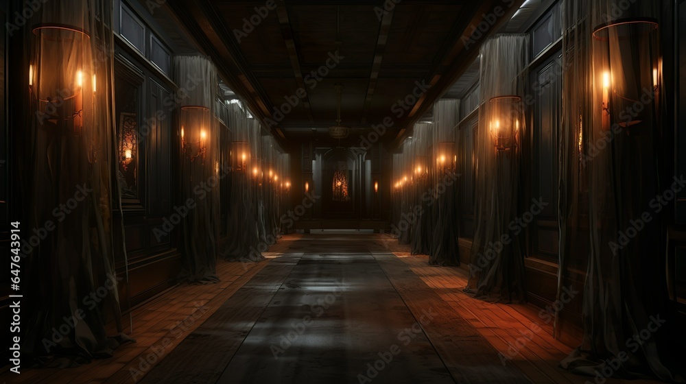 Dark victorian mansion hallway with gloomy lights and carpet in steampunk style Dark victorian mansion hallway with gloomy lights and carpet in steampunk style