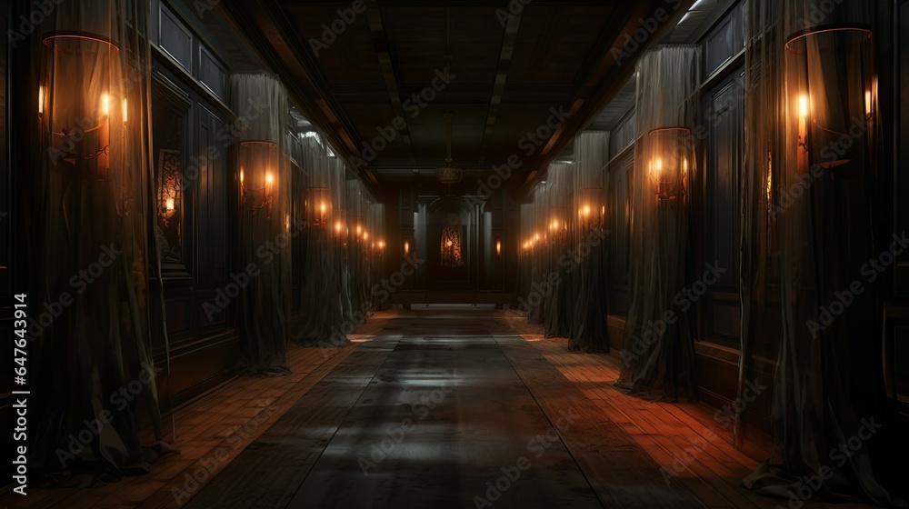 Dark victorian mansion hallway with gloomy lights and carpet in steampunk style