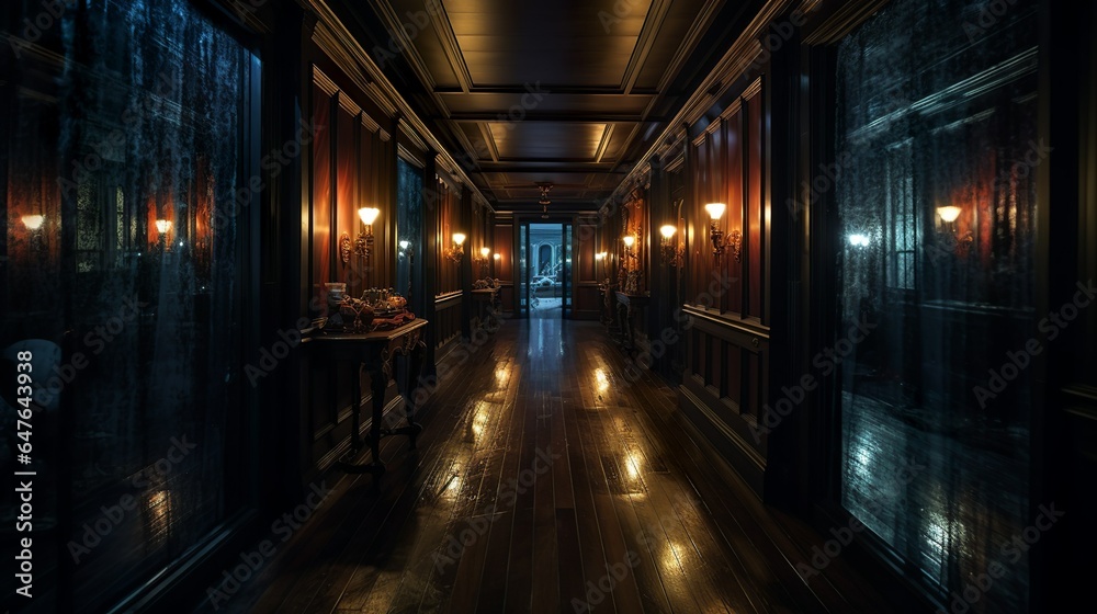 Dark victorian mansion hallway with gloomy lights and carpet in steampunk style Dark victorian mansion hallway with gloomy lights and carpet in steampunk style
