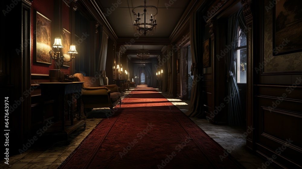 Dark victorian mansion hallway with gloomy lights and carpet in steampunk style