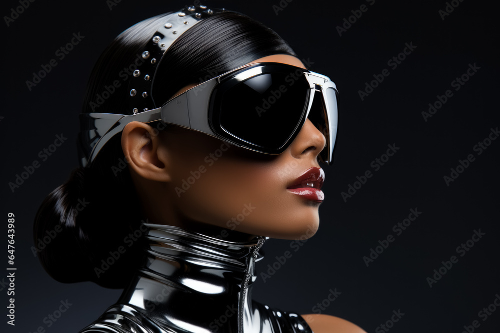 Space age beauty sporting futuristic accessories isolated on a silver gradient background Space age beauty sporting futuristic accessories isolated on a silver gradient background