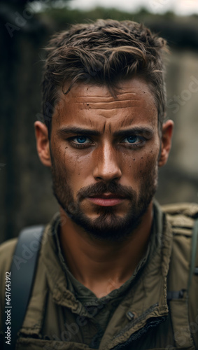  portrait of a soldier from the front, the soldier has a tired face that highlights blue eyes