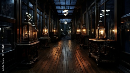 Dark victorian mansion hallway with gloomy lights and carpet in steampunk style © Nordiah