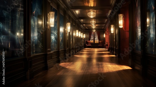 Dark victorian mansion hallway with gloomy lights and carpet in steampunk style