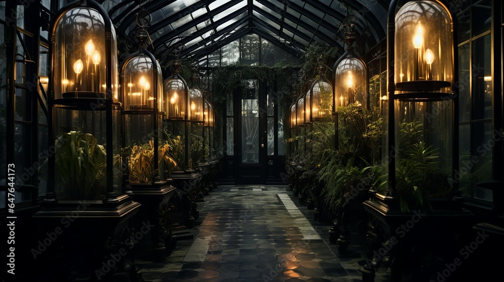 Dark victorian greenhouse mansion with industrial frames in steampunk style