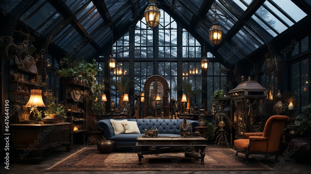 Fototapeta premium Dark victorian greenhouse mansion with industrial frames in steampunk style
