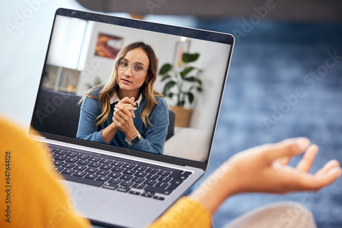 Woman, video call and therapy on laptop screen for support, advice or helping with mental health in online meeting. Virtual psychologist or therapist talk or listening to client questionson computer
