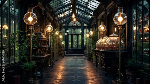 Victorian botanical garden style living room interior with glass ceiling and walls and steampunk lights photo