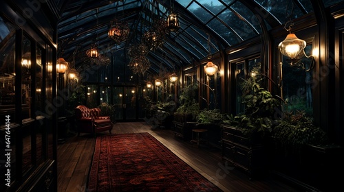 Victorian botanical garden style living room interior with glass ceiling and walls and steampunk lights