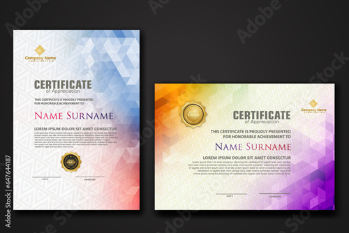 Set modern certificate template with gradation colorful polygon shape ornament